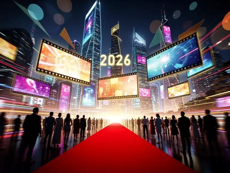 Futuristic film festival atmosphere with glowing screens and diverse audience anticipation.