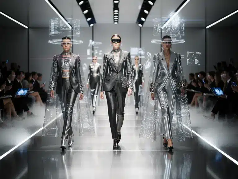 Futuristic luxury fashion runway showcasing digital craftsmanship and exclusive designs in 2026