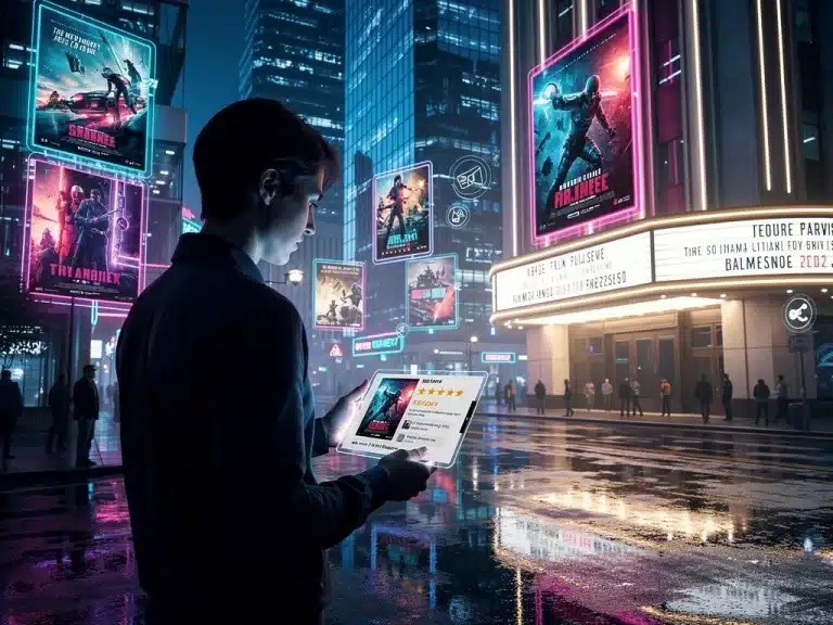 Futuristic cityscape with holographic movie posters and a person viewing a review on a transparent tablet, representing modern film criticism.