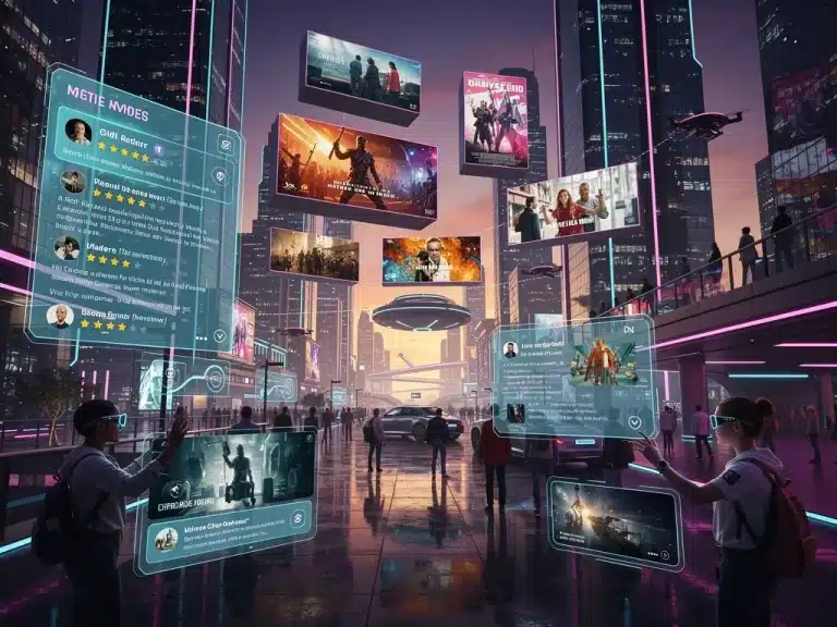 Futuristic cityscape with holographic movie screens and people using AR for film reviews in 2026.