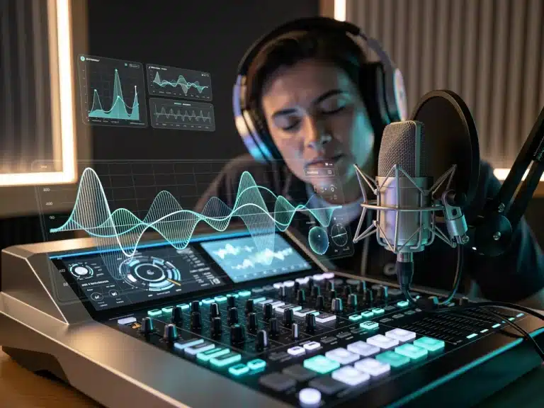 Futuristic podcast editing studio with AI tools and spatial audio displays