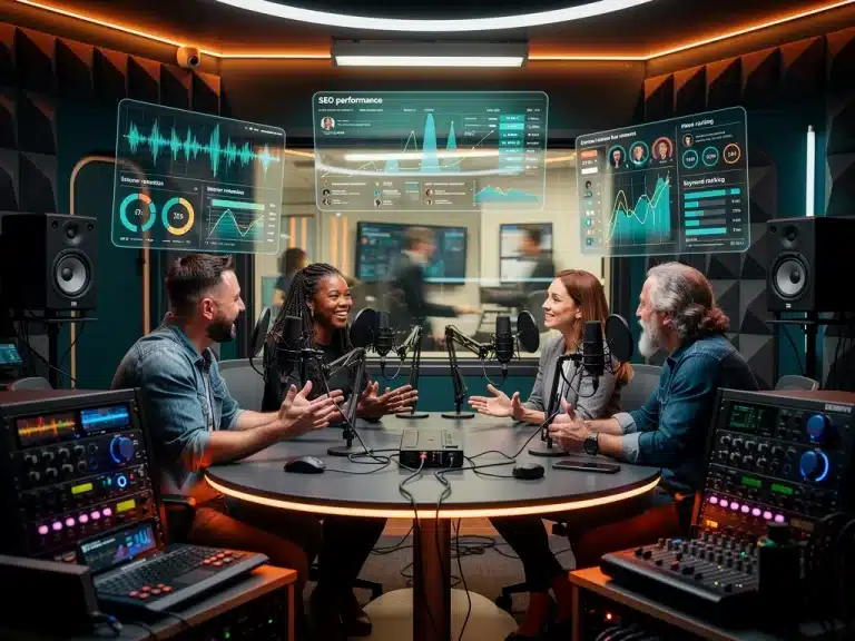 Futuristic podcast studio with podcasters discussing, showcasing advanced audio equipment and digital analytics for podcast SEO in 2026.