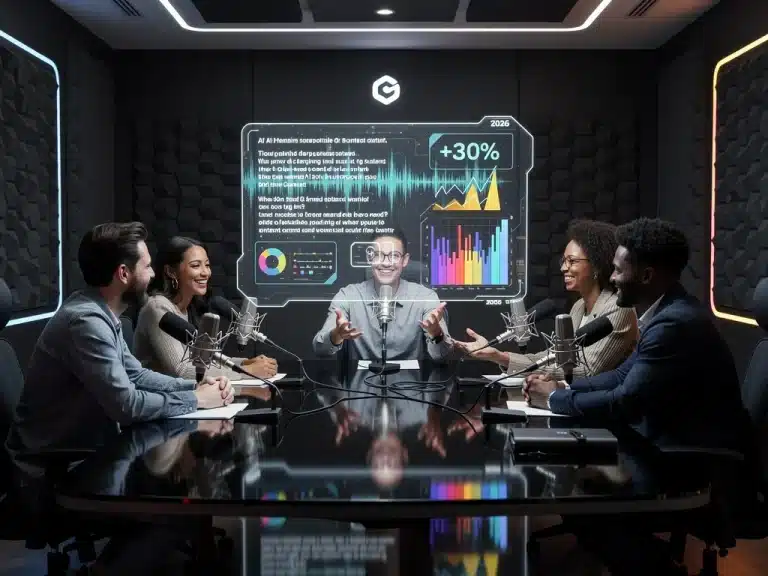 Futuristic podcast studio with AI tools boosting content production by 30% by 2026