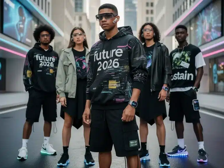 Diverse individuals in futuristic streetwear, showcasing sustainable and tech-inspired fashion for 2026 trends.