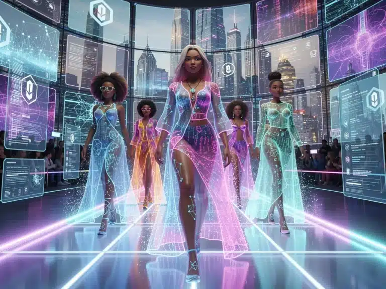 Futuristic virtual runway with NFT digital fashion