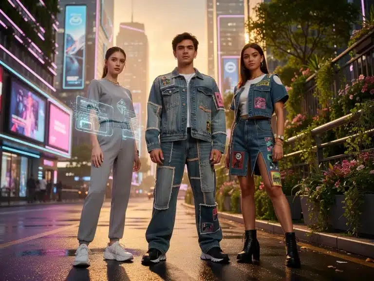 Diverse Gen Z individuals displaying 2026 fashion influenced by sustainability, digital trends, and personal style.