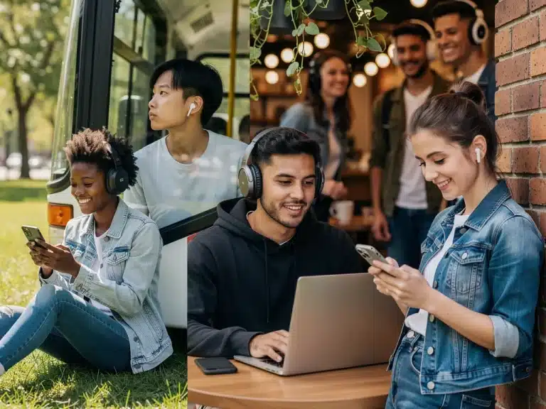 Gen Z individuals engaged in listening to audio storytelling on their devices