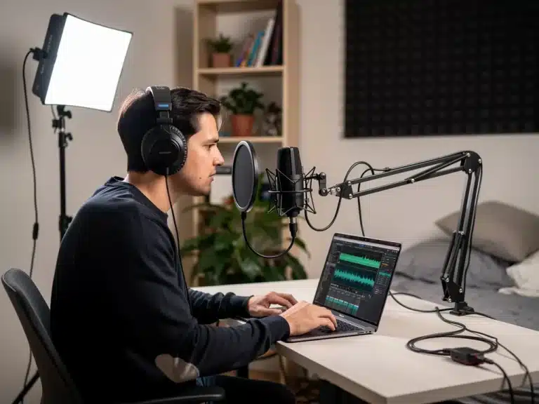 Home studio setup with budget microphone, headphones, and laptop for high-quality audio production