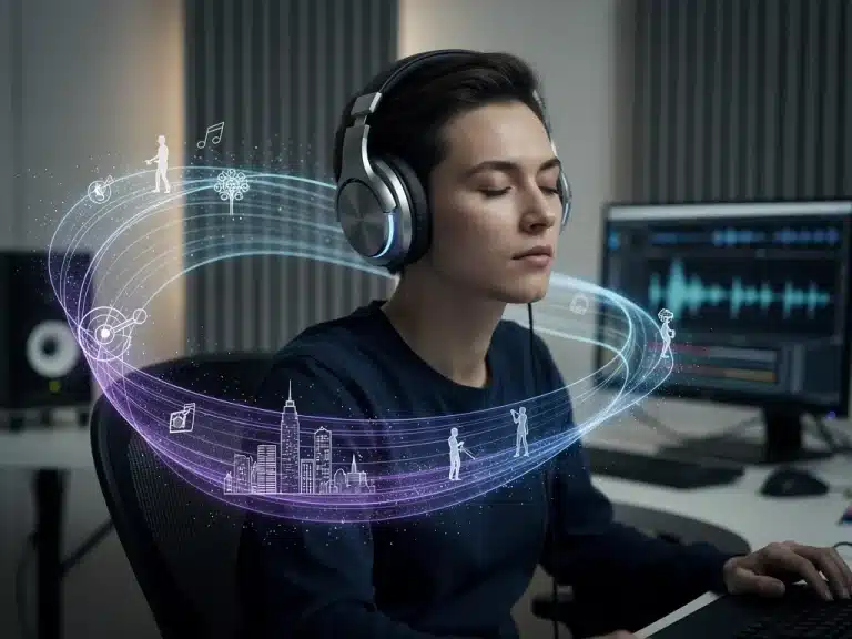 Person listening to immersive audio narrative with headphones in a modern studio