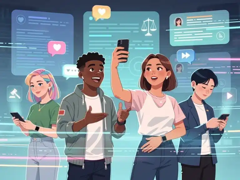 Influencers discussing digital news with FTC guidelines backdrop