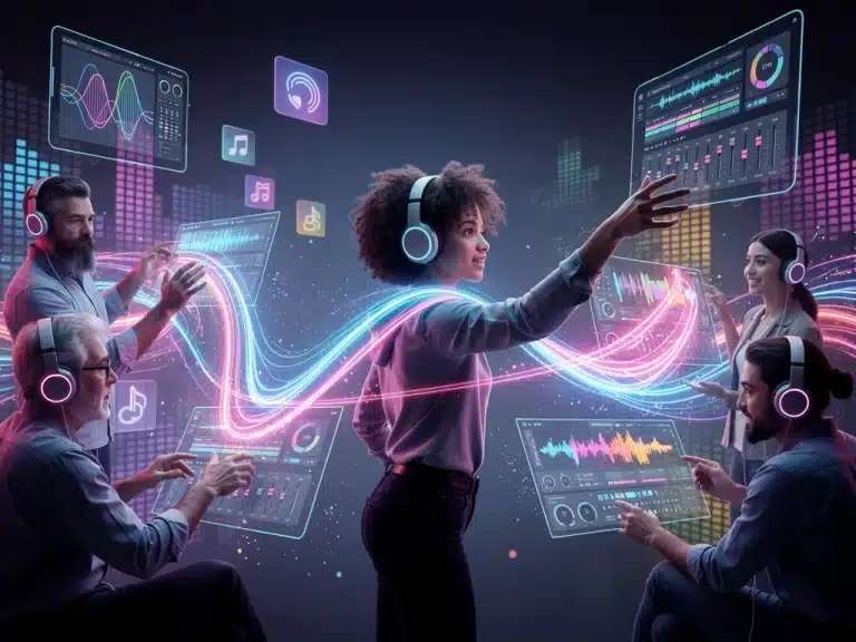 Futuristic creators engaging with interactive audio content through advanced headphones and holographic interfaces, symbolizing innovation and engagement in 2026.