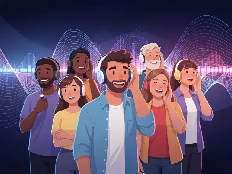 Diverse listeners engaged with audio content, representing a loyal audio audience