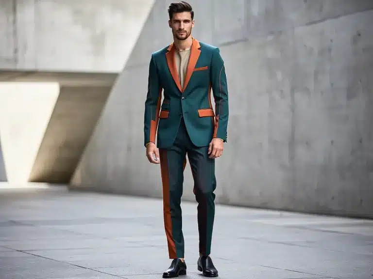 Male model in a deep teal and rust orange suit, showcasing 2026 menswear color trends.