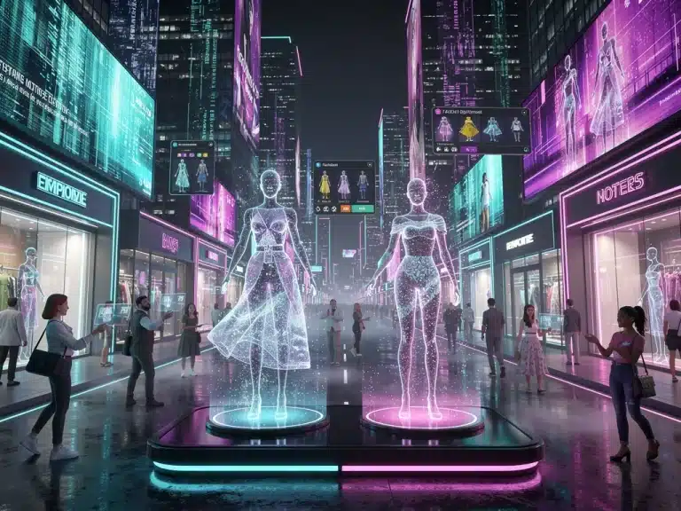 Futuristic virtual fashion show in the metaverse, showcasing digital apparel