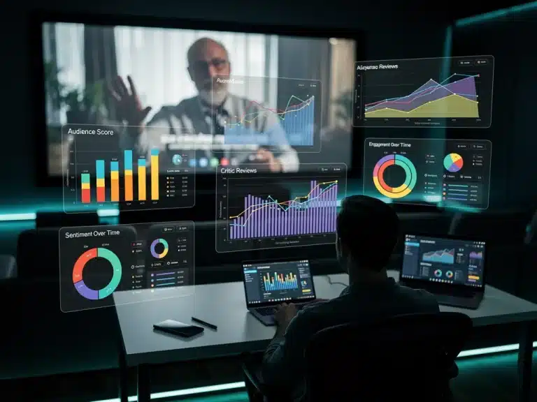 Person analyzing U.S. movie review data on multiple screens, showing analytical charts and graphs for improved insights.