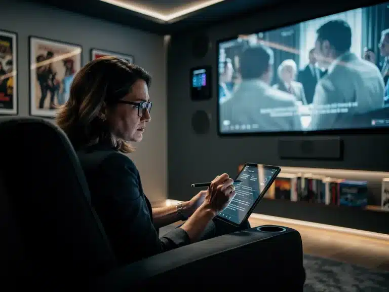 Professional movie reviewer analyzing film metrics on a tablet in 2026