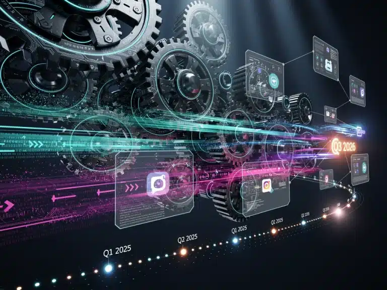 Digital gears and data streams representing platform algorithm changes by Q3 2026 affecting content creators.