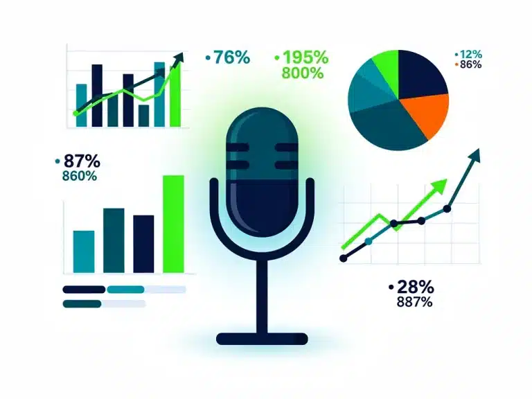 Illustration of podcast analytics dashboard with microphone and data charts