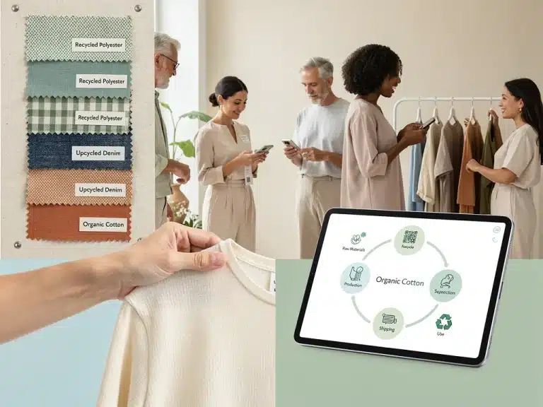 Sustainable fashion elements: recycled fabrics, organic cotton, digital lifecycle, eco-conscious consumers.