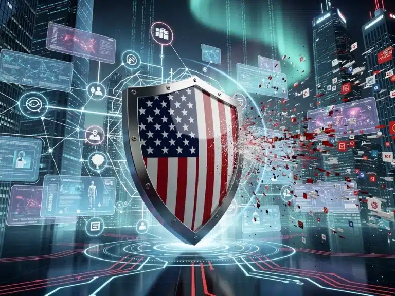 Stylized digital shield protecting digital platforms from misinformation, symbolizing US government initiative