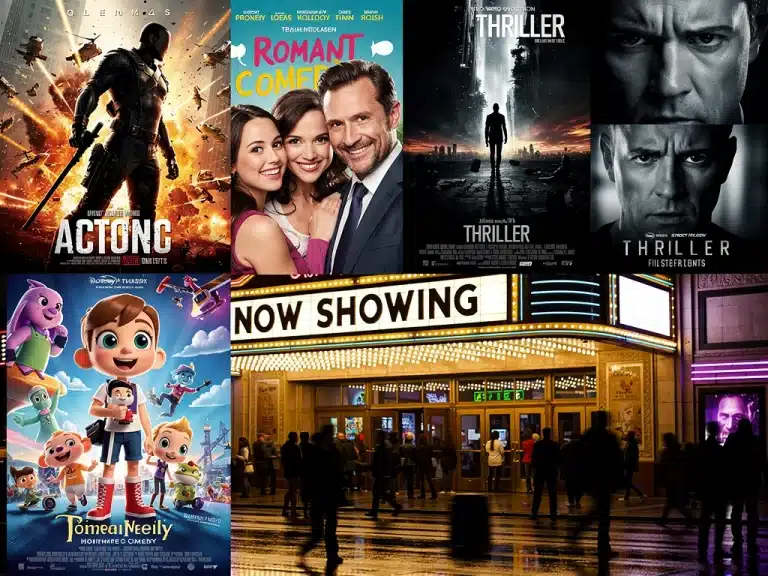 Collage of diverse U.S. movie posters from recent releases, highlighting different genres and cinematic styles.