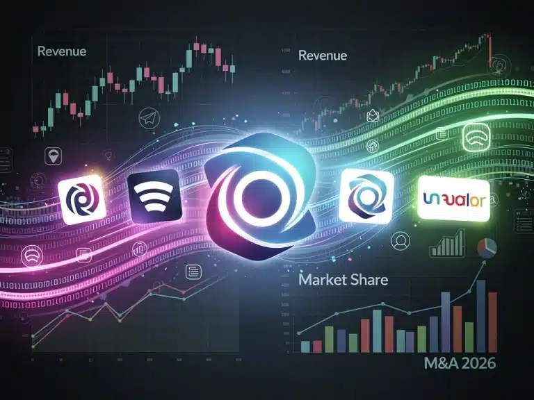 Illustration of media company logos merging, symbolizing consolidation in the U.S. media industry in early 2026
