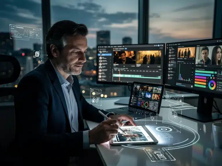 U.S. movie critic using digital tools to analyze films and publish reviews online, reflecting modern digital strategies.